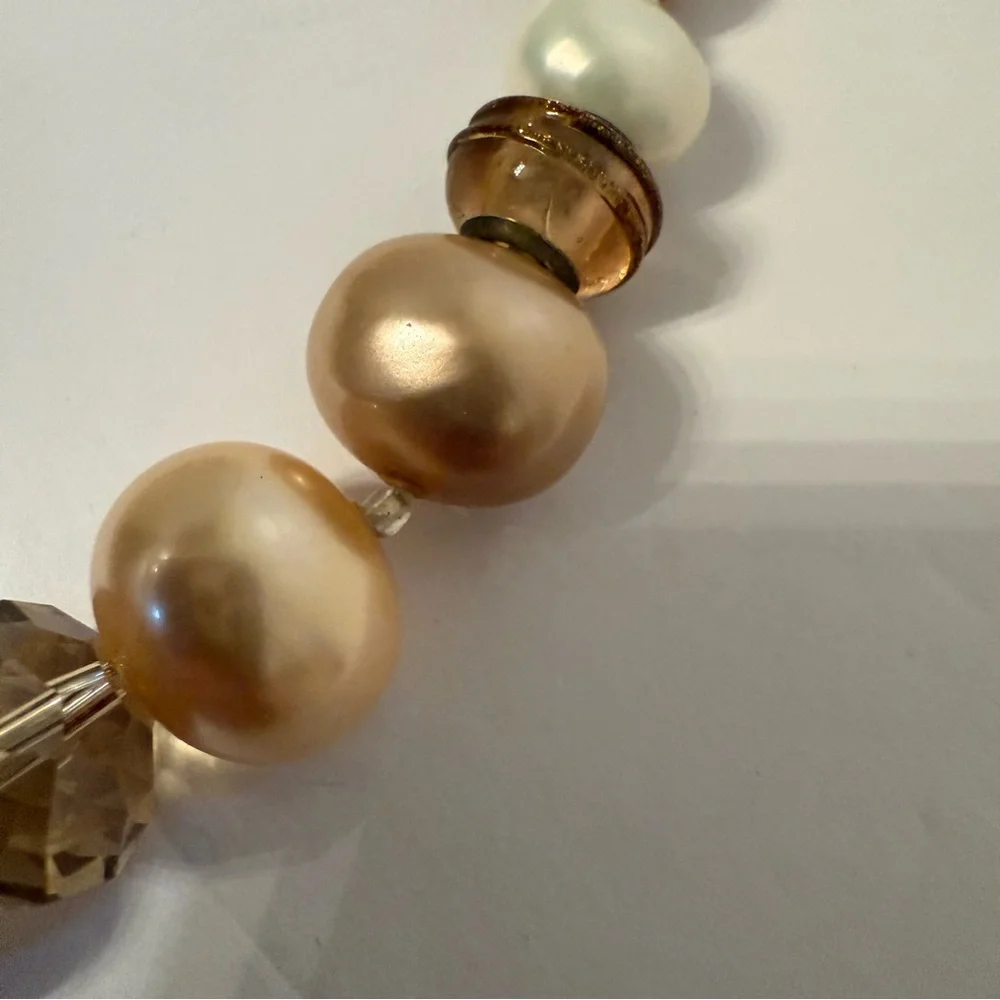 VINTAGE NECKLACE TRICOLOR FAUX GLASS PEARLS BEADS FAUX SMOKY QUARTZ CRYSTAL